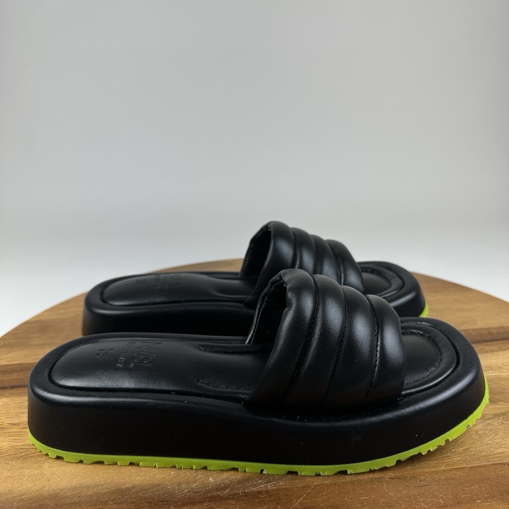 NIB Womens P448 Fergie Black Leather Comfort Slip On Sandals Slides Size EU 36
